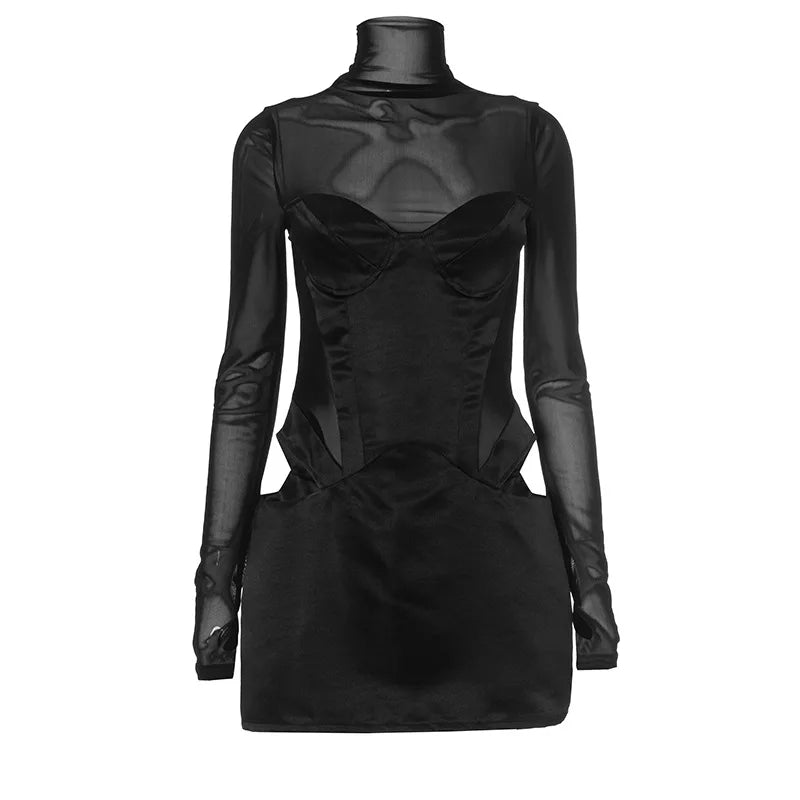 DSMTRC Donna Moda Collo alto Abito Maglia Manica lunga Mini abito Party Evening Club Abiti Sexy Cut-Out Corsetto Abiti aderenti