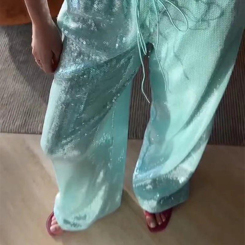 Pantaloni da donna trasparenti con perline alla moda Pantaloni elastici in vita a gamba larga Party Club Pantaloni marroni 2025 Primavera Estate Lady Capispalla larghi