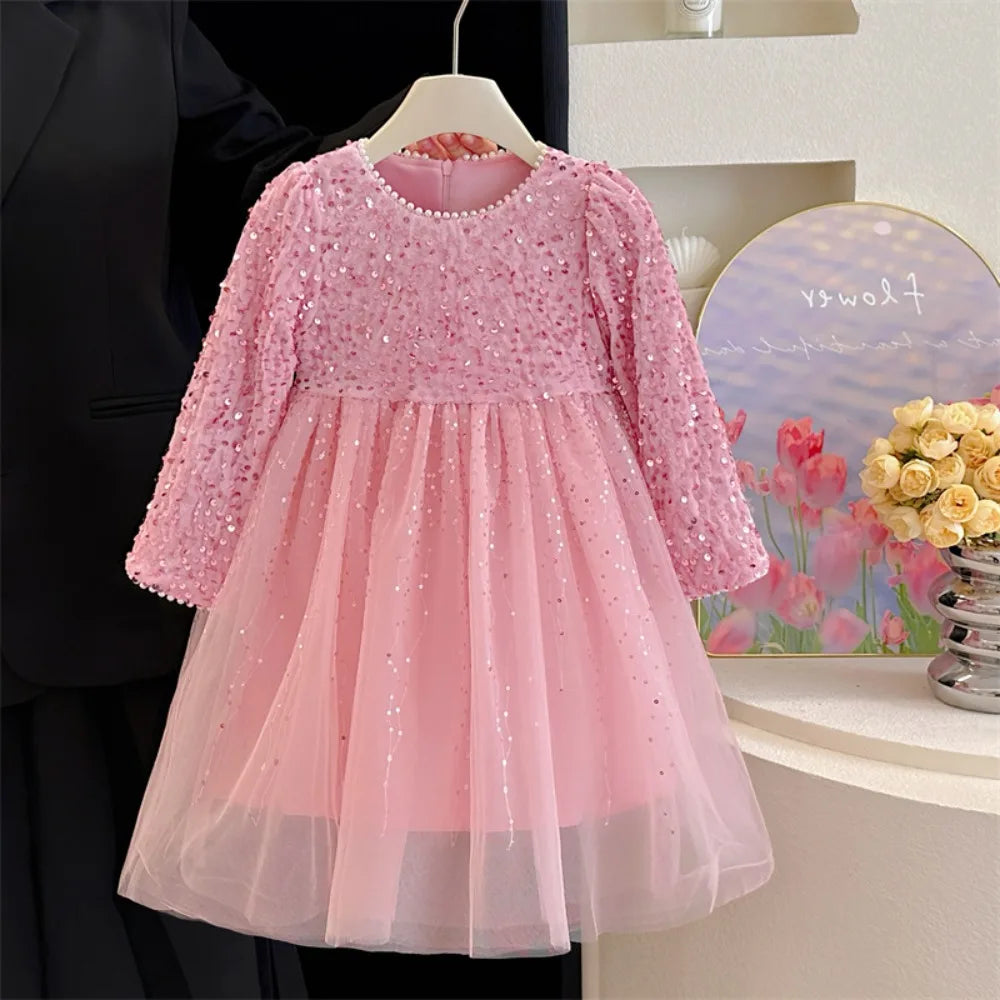 Abiti da ragazza Moda autunnale Nuova maglia patchwork con paillettes Abito da principessa a maniche lunghe Tinta unita Abbigliamento per bambini di Capodanno