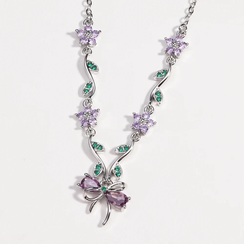 Summer New Fashion Exquisite Bow Leaf Flower Necklace For Women's Elegant Pink Zircon Chain Pendant Jewelry Gifts