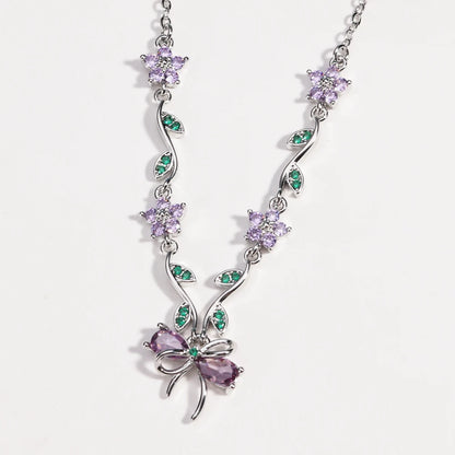 Summer New Fashion Exquisite Bow Leaf Flower Necklace For Women's Elegant Pink Zircon Chain Pendant Jewelry Gifts
