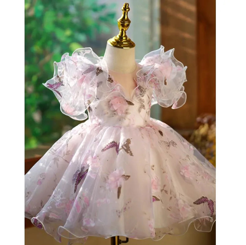 Abito da sera principessa per bambini Design con volant stampato alla moda Matrimonio Compleanno Battesimo Pasqua Eid Abiti da festa per ragazze A2598