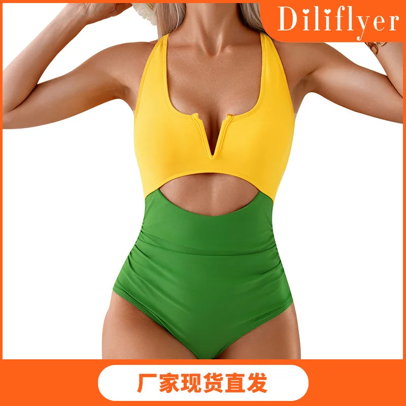 2025 New Summer Swimwear Women Swimsuit One Piece Bathing Suit Square Neck Cutout Back Block Color Beach Wear