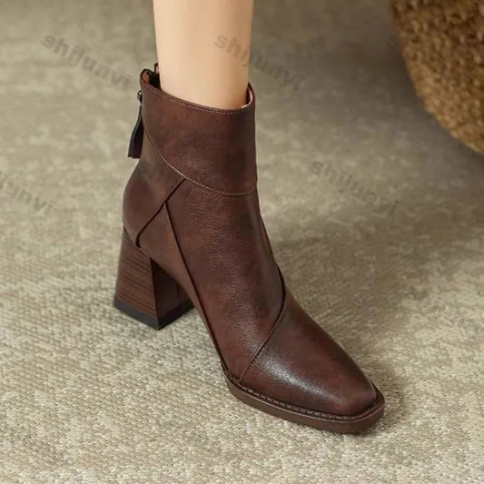 Woman Chunky Ankle Boots Women Zipper Retro Brown Soft Leather Short Boot Autumn New Square Toe Casual High Heel Booties Mujer