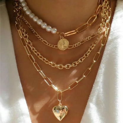 Collana con ciondolo moneta con ritratto di testa a catena spessa con piatto in oro punk vintage per gioielli hip-hop geometrici multilivello di moda da donna