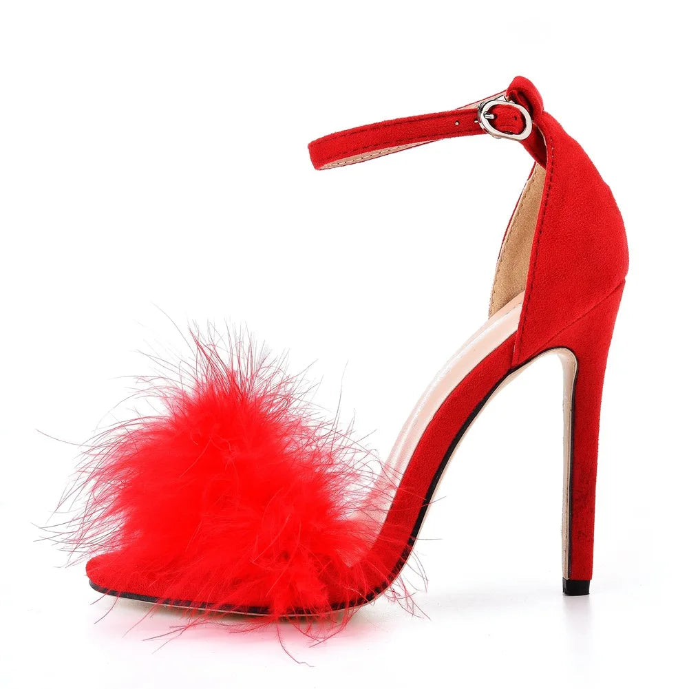 Sexy Feather High Heel Sandals Women's European  American Large 46 Fish Mouth High Heel Sandals Women Shallow Mouth Women's Shoe