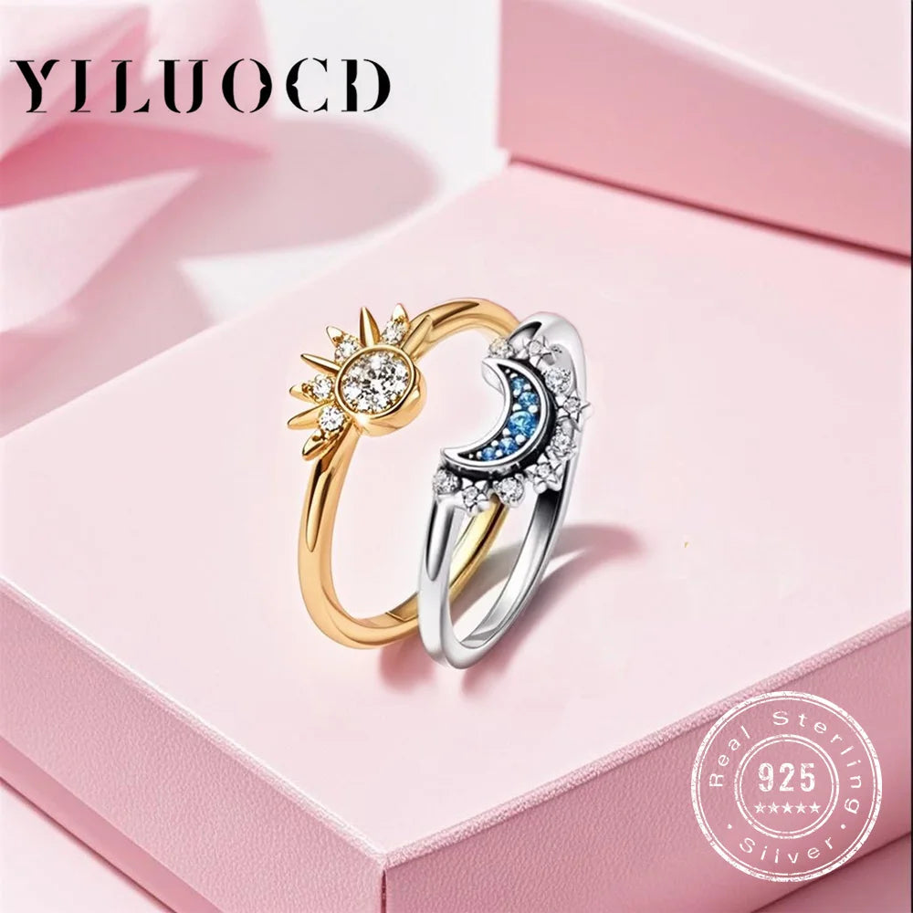 Set di anelli per coppia in argento 925 con sole e luna Anelli con zirconi scintillanti blu cielo Promessa di gioielleria raffinata Regali per San Valentino