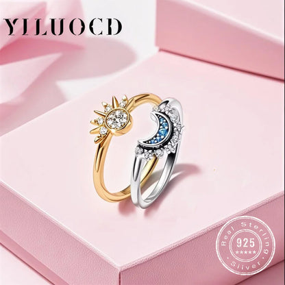 Set di anelli per coppia in argento 925 con sole e luna Anelli con zirconi scintillanti blu cielo Promessa di gioielleria raffinata Regali per San Valentino