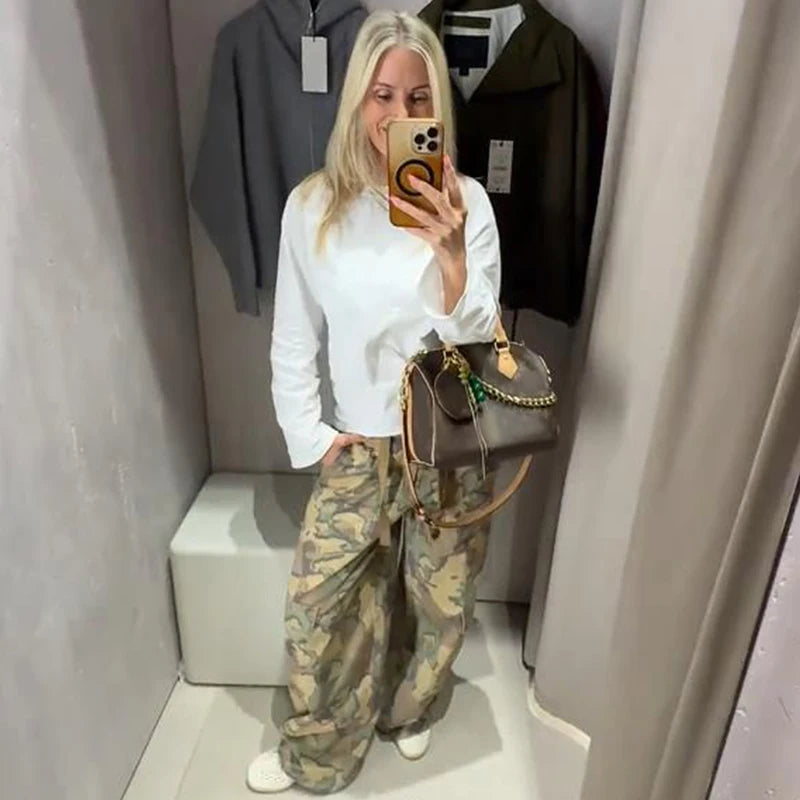 Pantaloni da donna con stampa mimetica, vita con coulisse, gamba larga, taglio ampio, orlo con coulisse, vestibilità comoda, pantaloni casual, streetwear, nuova moda 2026