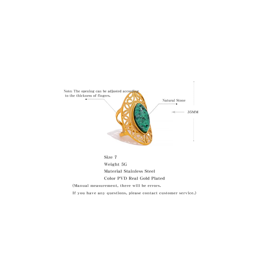 Yhpup Anello aperto in acciaio inossidabile con pietra naturale verde vintage, colore geometrico, gioielli alla moda iperbolici alla moda per le donne