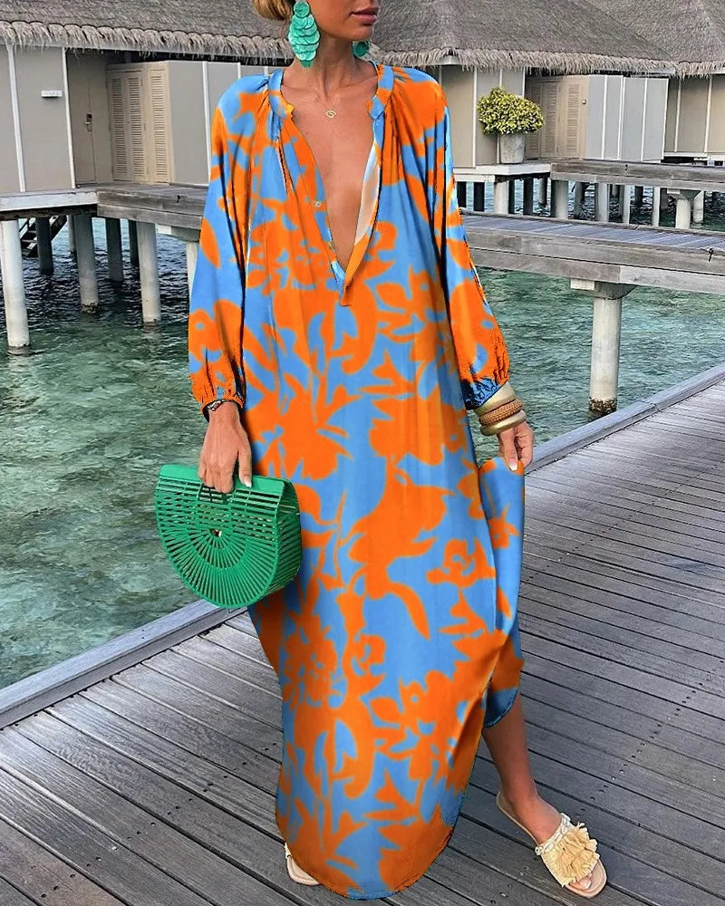 Abiti da donna eleganti 2023 Estate Casual Moda Stampa con scollo a V Allentato Retro Comodo abito maxi Abito femminile S-XXXL