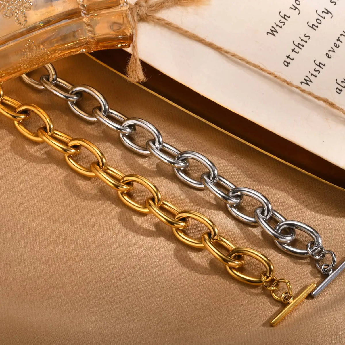 Braccialetti a ginocchiera robusti e audace da donna, bracciale a catena a maglie con fibbia OT in acciaio inossidabile placcato oro senza appannamento