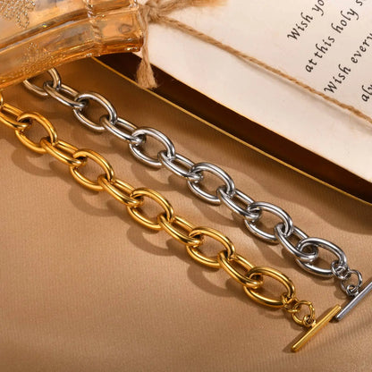 Braccialetti a ginocchiera robusti e audace da donna, bracciale a catena a maglie con fibbia OT in acciaio inossidabile placcato oro senza appannamento