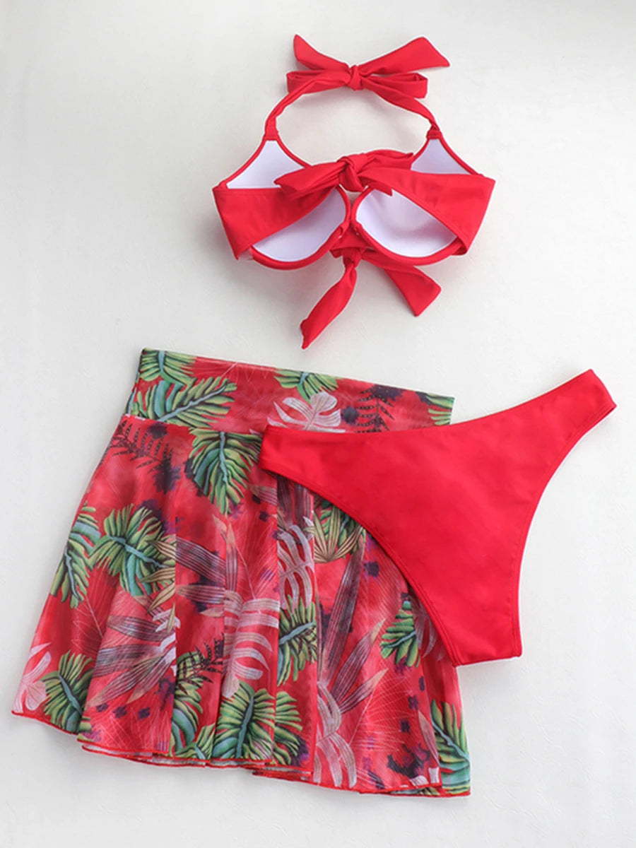 Costume da bagno tropicale a 3 pezzi con bikini halter push-up e camicia da spiaggia, per donna, collezione 2026