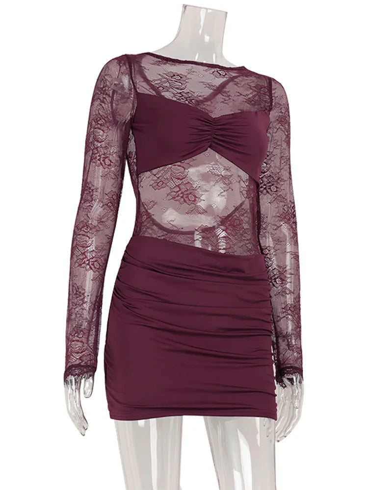 CNYISHE Patchwork di pizzo Backless O Collo Abiti da donna Moda Sheer Manica lunga Guaina Abiti Scava Fuori Femminile Hip Wrap Aderente