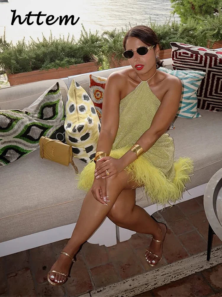 Abito Corto Sexy con Piume e Glitter, Vestito Estivo da Donna Senza Maniche con Schiena Scoperta, Giallo, per Feste e Spiaggia, Modello A-line 2026
