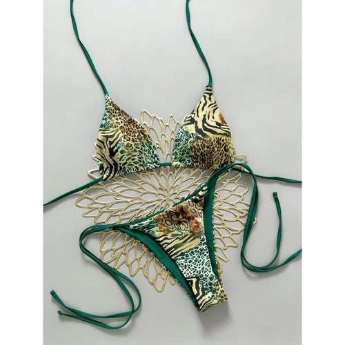 Ensemble bikini deux pièces sexy imprimé léopard Soutien-gorge triangle Bretelles dos nu Ensemble de maillots de bain à lacets pour les vacances à la plage