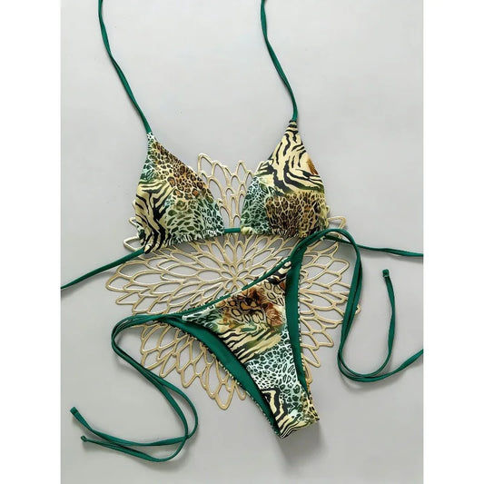 Sexy Leopard Print Two Piece Swimsuit Set Triangle Bra Suspender Halter Backless Bikini Set Beach Vacation Lace-up Swimwear