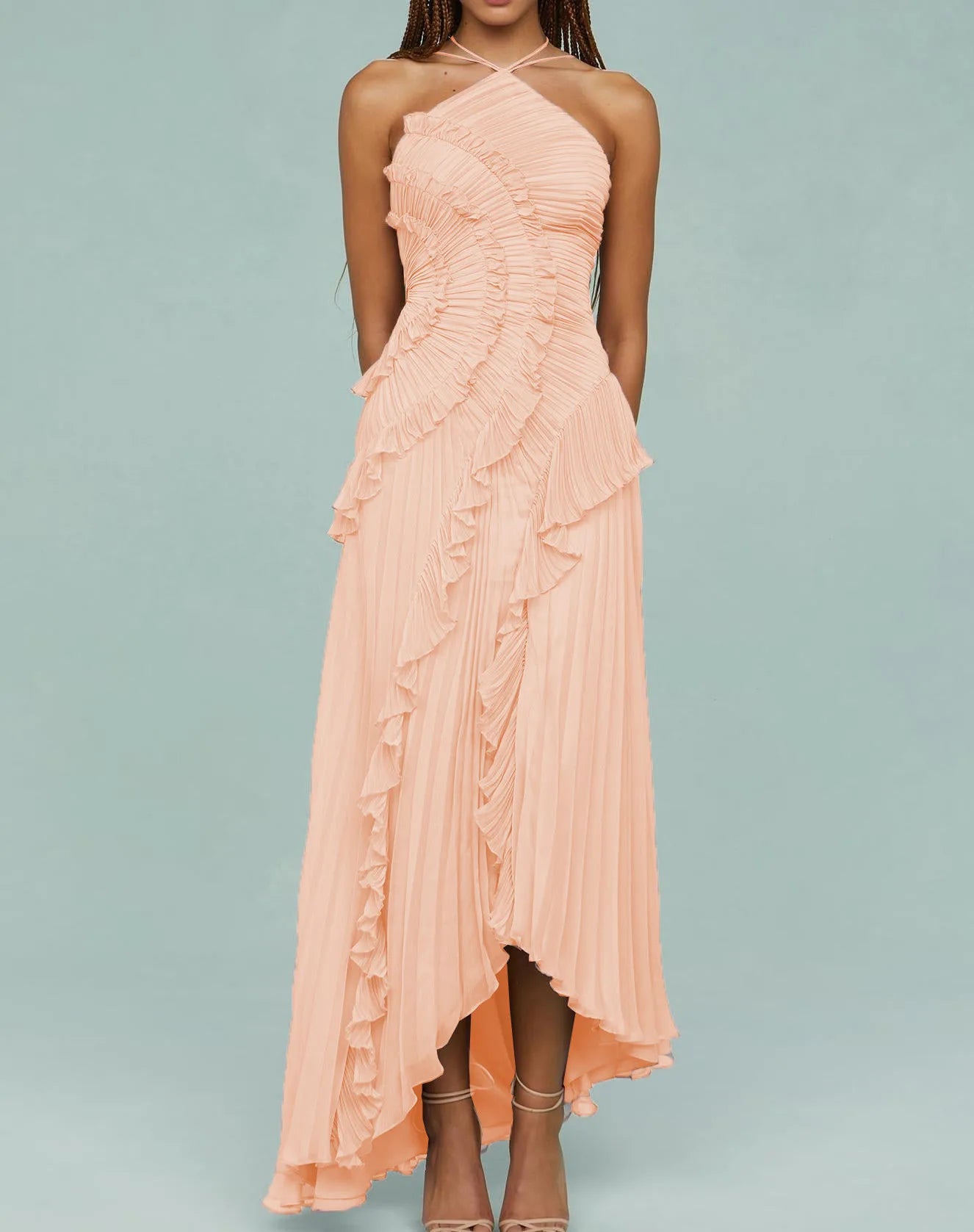 Abito lungo plissettato con volant da donna elegante Abito lungo fluido pieghettato a strati irregolare con scollo all'americana senza maniche per la festa di nozze