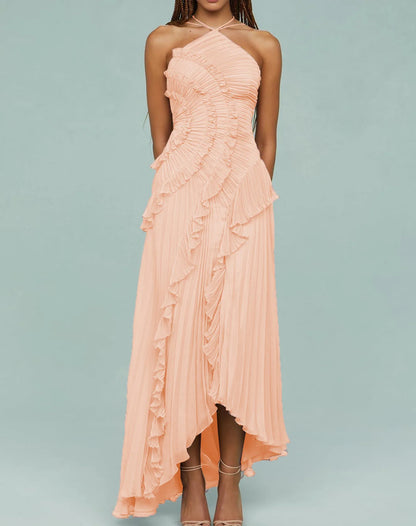 Abito lungo plissettato con volant da donna elegante Abito lungo fluido pieghettato a strati irregolare con scollo all'americana senza maniche per la festa di nozze