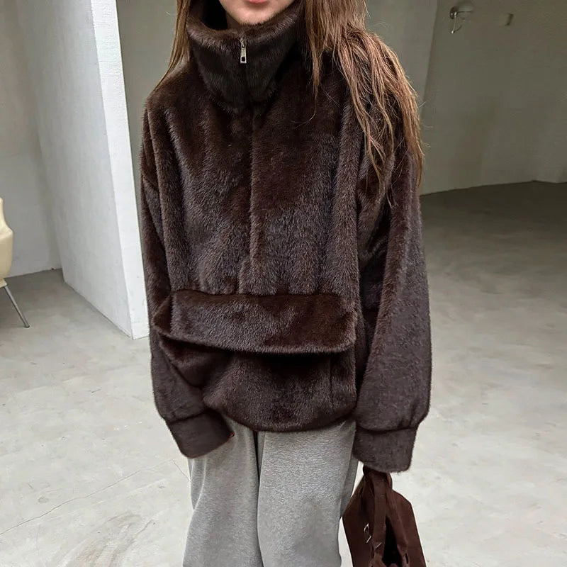 Cappotto da donna in pelliccia sintetica marrone con cappuccio Giacca da tasca a maniche lunghe di lusso oversize Lady 2025 Autunno Inverno Chic Street Capispalla
