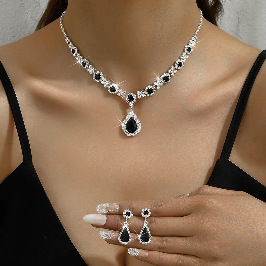 3-teiliges Damen-Halsketten-Set mit Kristalltropfen und Ohrringen für Braut- und Abendkleider-Accessoires