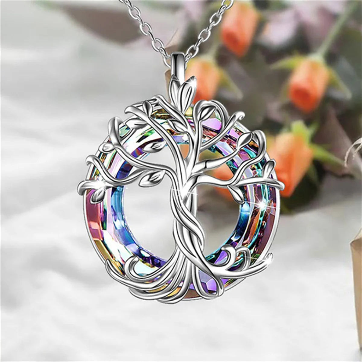 Collana Albero della Vita con Cristallo Circolare, Squisito Ciondolo a Forma di Albero Genealogico, Gioiello Regalo per Donne, Mamma, Figlia