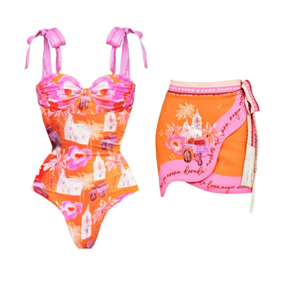 Push Up One Piece Swimsuit With Cover Up Sexy Swimwear Women 2025 Printed Swim Suits Female Bikinis Sliming Bodysuit Beachwear
