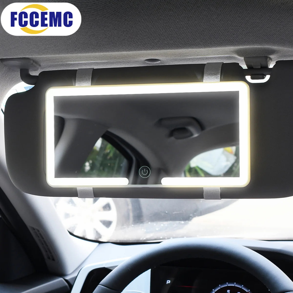 Fccemc Specchio per il trucco per visiera parasole per auto Touch screen a LED Luminosità regolabile Specchio per il trucco per interni auto Specchio per il trucco HD Specchio per il trucco di ricarica