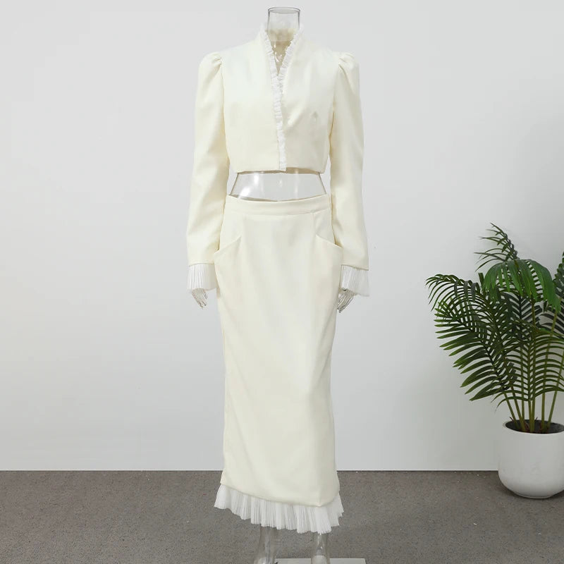 Completo di Top Corto e Gonna Midi in Tulle Bianco, Lussuoso, con Scollo a V, Maniche Lunghe a Sbuffo, Vestibilità Slim, Collezione Primavera 2026, per Appuntamenti e Ufficio