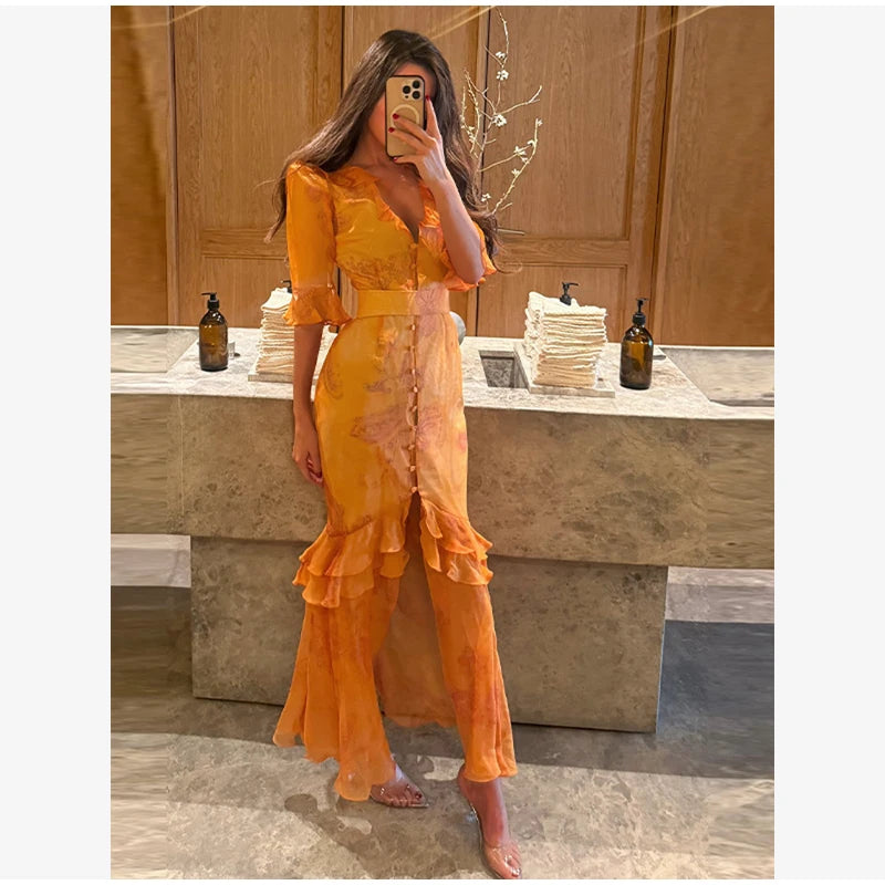 Elegante Abito Stampato con Inserti in Pizzo da Donna, Scollo a V Profondo, Mezza Manica, Vita Stretta, Spacco, Vestito Midi 2026, Abito da Festa per Donna