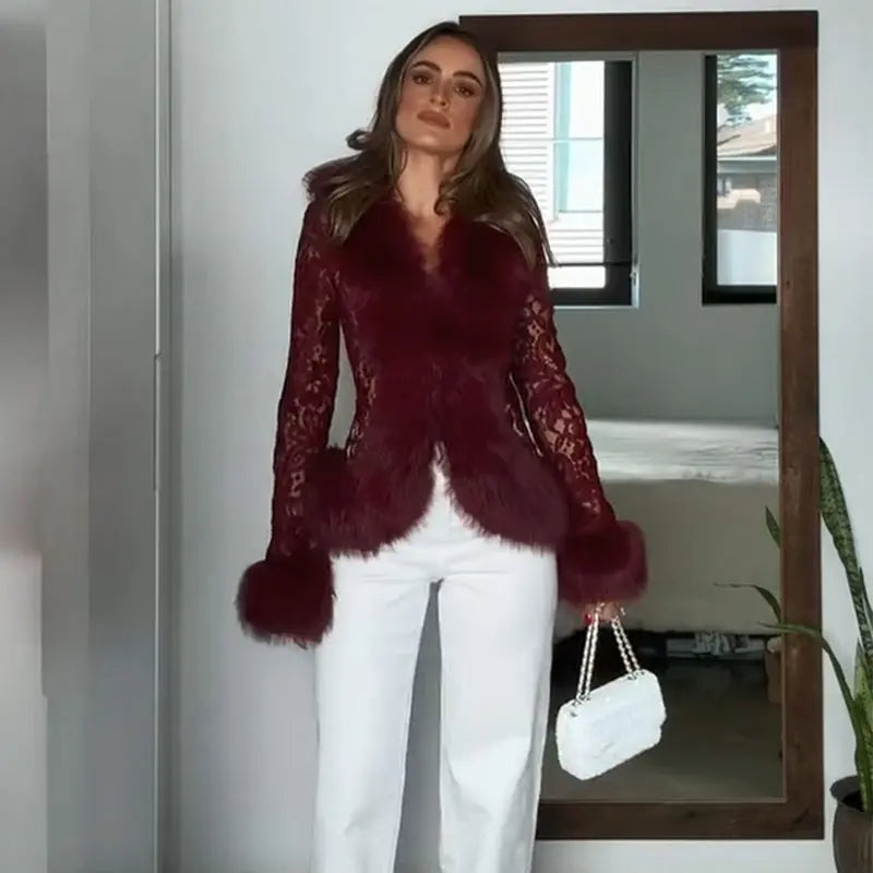 Cappotti Sexy in Finta Pelliccia da Donna con Inserti in Pizzo e Rete, Scollo a V, Bottoni a Fibbia, Maniche Lunghe, Giacche Autunno 2026, Nuova Collezione, Abbigliamento Esterno a Tinta Unita per Signore