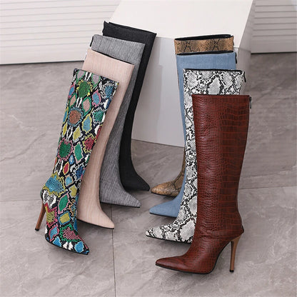 2025 White Snake Print Leather Knee High Boots Thin Heel Zipper Sexy Party Shoe Pointy Toe Thigh High Woman Long Boot Size 34-43