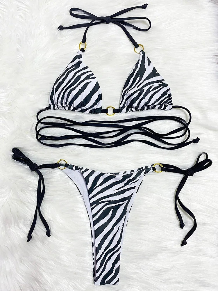 Zebra Leopard Wrap Around Halter Micro Mini Bikini donna costumi da bagno costume da bagno femminile due pezzi Bikini set bagnante costume da bagno Swim