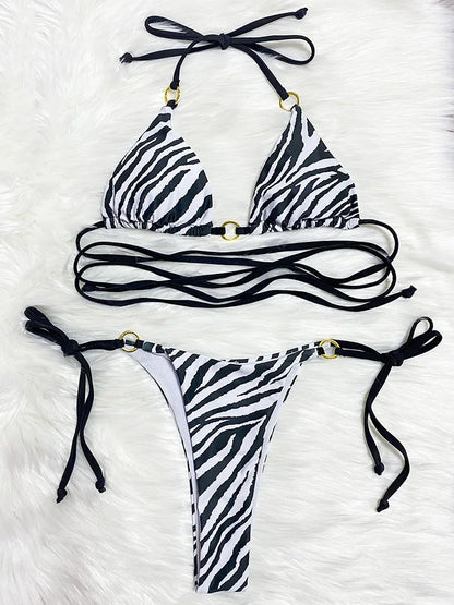 Zebra Leopard Wrap Around Halter Micro Mini Bikini donna costumi da bagno costume da bagno femminile due pezzi Bikini set bagnante costume da bagno Swim