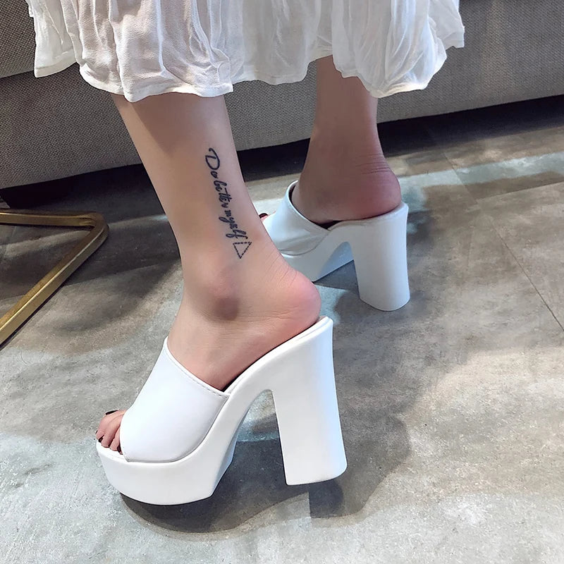 Aphixta 2025 Estate 7 centimetri Tacchi Grossi Presentazioni Aziende Produttrici Giochi Donne Ciabatte Design Bianco Pantofole Della Piattaforma Sandalo Fresco Peep Toe Scarpe Femminili