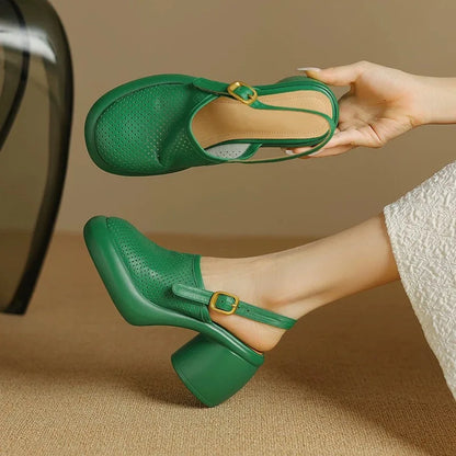 Sandali estivi Punta tonda Scava fuori Sandali con tacco alto per donna Sandali con plateau Zapatos Mujer Tacco grosso Scarpe di pelle di pecora Verde
