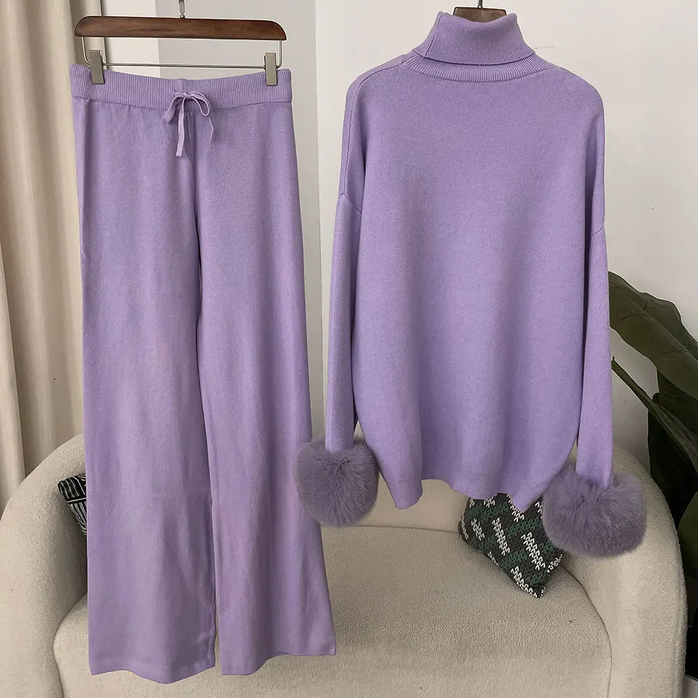 2024 nuova moda autunno inverno polsini in vera pelliccia di volpe naturale cappotto maglione lavorato a maglia pantaloni lunghi da donna set giacca spessa calda