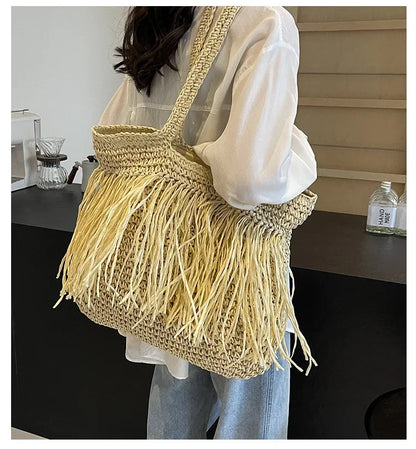 Borse a tracolla da donna in tessuto con nappe casual Borse da donna con frange fatte a mano Borsa tote grande da spiaggia estiva Borsa shopper grande per le vacanze
