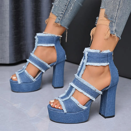Sandales d'été pour femme Nouvelle plateforme en denim bleu Sangle de cheville Chaussures à talons hauts pour femme Sandales sexy à bout ouvert mode d'extérieur