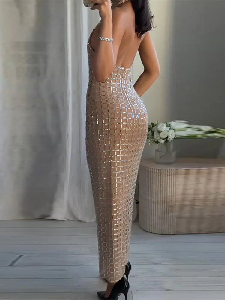 Diamanti di lusso Halter Abito lungo da donna Sexy Slim senza maniche Backless Split Abiti da festa 2026 Primavera Estate Lady Abiti da sera