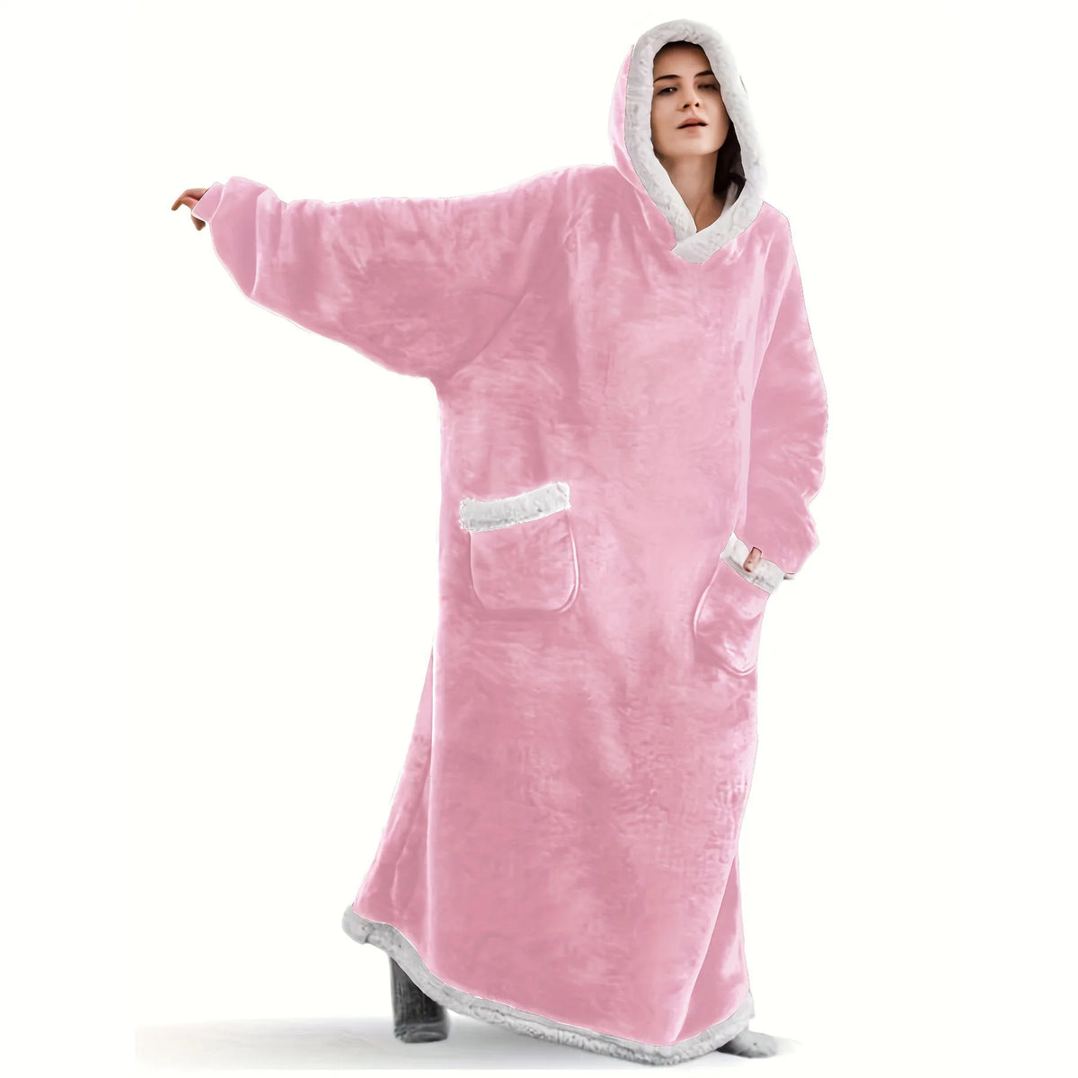 Accappatoio invernale da donna in flanella, extra lungo, con cappuccio e tasche verticali, coperta morbida e foderata in pile, ideale per rilassarsi davanti alla TV.