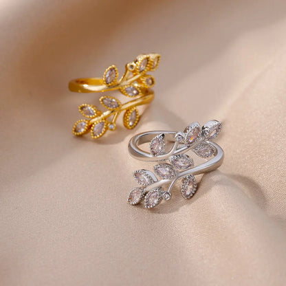 Anelli a foglia a doppio strato con zirconi di lusso per le donne Anello in acciaio inossidabile color oro Boho Coppia gioielli Accessori anelli mujer