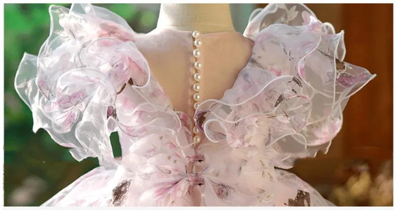 Abito da sera principessa per bambini Design con volant stampato alla moda Matrimonio Compleanno Battesimo Pasqua Eid Abiti da festa per ragazze A2598