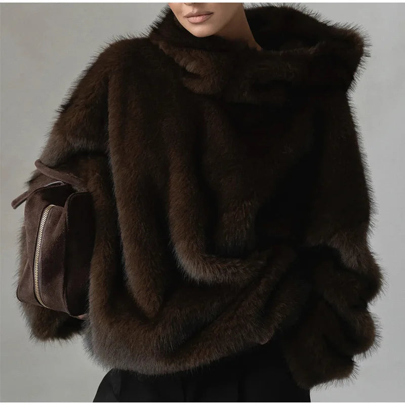 Cappotto da donna in pelliccia sintetica marrone con cappuccio Giacca da tasca a maniche lunghe di lusso oversize Lady 2025 Autunno Inverno Chic Street Capispalla