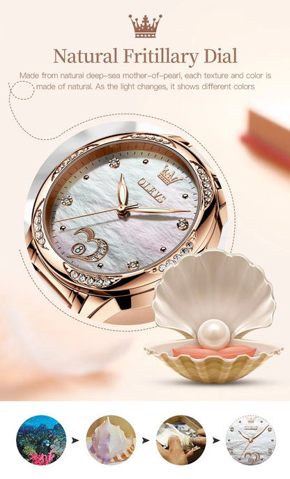 OLEVS 6631 Orologi automatici da donna Eleganti orologi da polso meccanici da donna impermeabili con cinturino in ceramica color oro rosa e lunetta con diamanti