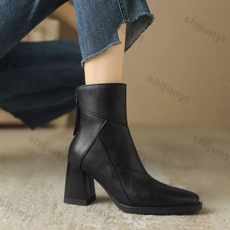 Woman Chunky Ankle Boots Women Zipper Retro Brown Soft Leather Short Boot Autumn New Square Toe Casual High Heel Booties Mujer