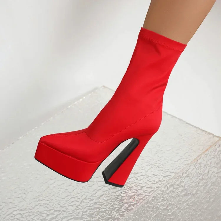 Denim Short Plush Boots Thick Bottom 15cm High Heel Pointed Elastic Size 34-45 Short Boots 2024 New Winter Women's Shoes