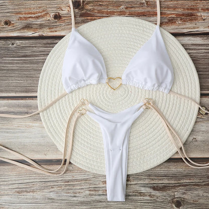 Damen Sexy Brasilianischer Bikini Set Neckholder Triangel Top String Unterteil Zweiteiliger Badeanzug Herz Bademode Sommer Strandmode