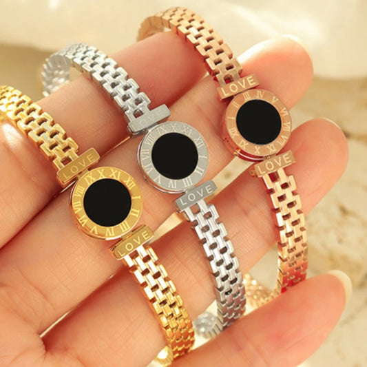 Bracciale alla moda per donna, bracciale da coppia in acciaio inossidabile acrilico nero con numeri romani incisi, regalo per ragazza